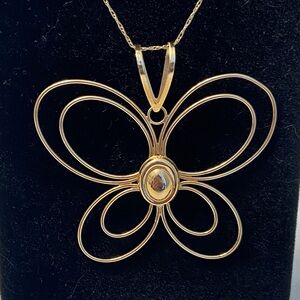 Vintage JCM 14k Large Gold Butterfly Pendant Necklace on Fine 24” 14k Chain